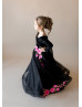 Black Velvet Tulle Floor Length Flower Girl Dress With 3D Flowers